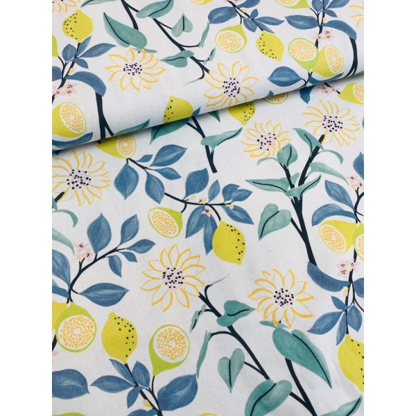 Tissu coton canvas " Lemon & flowers"