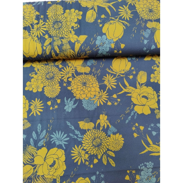 tissu jersey " fleurs jaunes " fond bleu marine