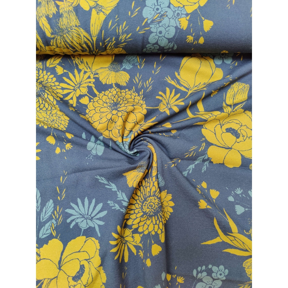 tissu jersey " fleurs jaunes " fond bleu marine